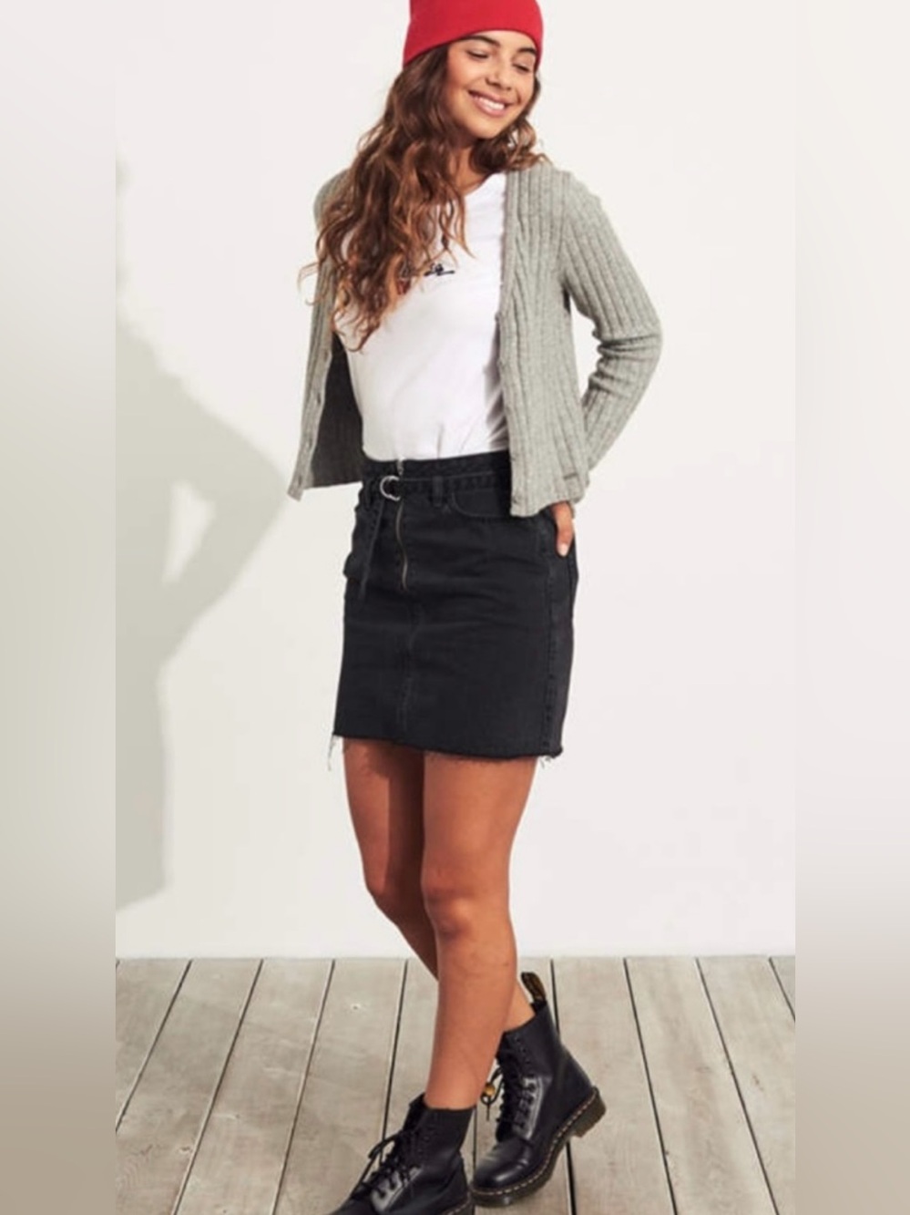 Hollister Black Denim High waist mi I Skirt with Front Zip and raw hem
